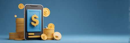 Visual representation of mobile banking showcasing a smartphone displaying currency symbols next to stacks of coins, emphasizing digital transactionsの素材