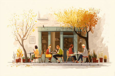 Warm atmosphere of an autumn cafe where individuals are engaged in reading and working on laptops, framed by golden foliage and potted plants.の素材