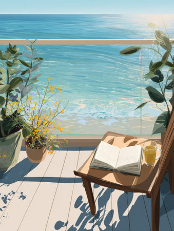A serene ocean view from a balcony features a journal on a small table alongside a refreshing drink, surrounded by lush plants and golden sunlight.の素材