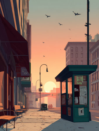 Morning light bathes an empty city street as a newspaper stand and coffee shop prepare to welcome early customers at sunrise.の素材