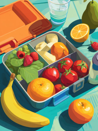 Colorful reusable lunchbox is arranged on a clean table loaded with fresh fruits and vegetables, creating an appealing and healthy meal preparation setup.の素材
