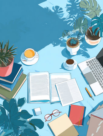 A student focuses on studying with an open book and laptop, surrounded by potted plants, with coffee cups nearby in a bright, airy workspaceの素材
