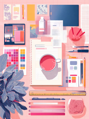 Artistic workspace filled with design tools, colorful materials, and a moodboard, emphasizing a minimalistic yet creative layout during work hours.の素材