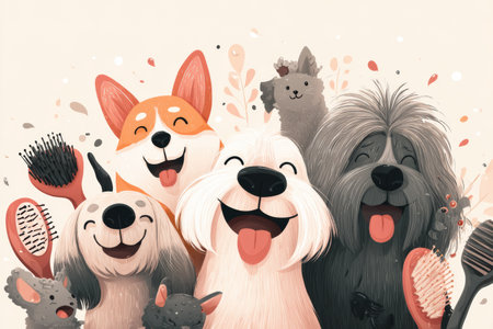 Various happy animals are depicted on pet grooming day, surrounded by brushes, showing their cheerful expressions in a clean, delightful setting.の素材