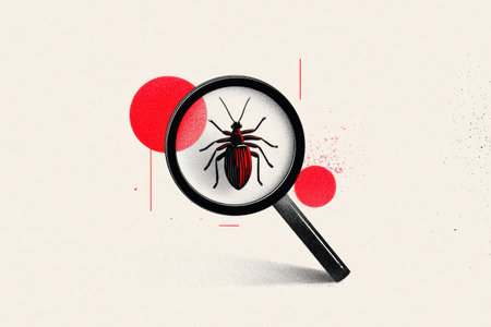 Magnifying glass focuses on a bug icon, showing detailed design elements in a minimal layout with a soft color palette, emphasizing clarity and simplicity.の素材