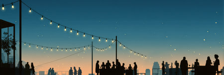 Friends gather at a rooftop party under glowing string lights, enjoying drinks and conversation as the sun sets over the city skyline.の素材