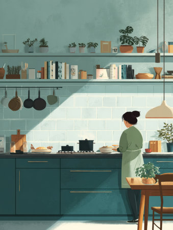 In a bright kitchen, someone prepares a meal surrounded by plants and organized shelves, exuding warmth and focus.の素材