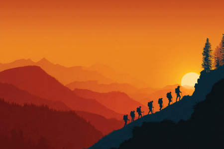 Silhouetted hikers navigate a mountain path at sunset, surrounded by warm hues and distant peaks, creating a peaceful and adventurous atmosphere.の素材