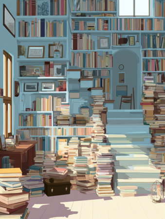 A tranquil home library, with books lining the walls and cozy nooks, invites quiet reading and the joy of discovering literary treasures.の素材