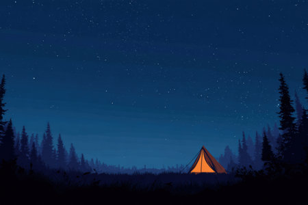 A cozy tent glows softly under a starry night, surrounded by towering trees in a calm forest, creating a serene atmosphere for camping enthusiasts.の素材