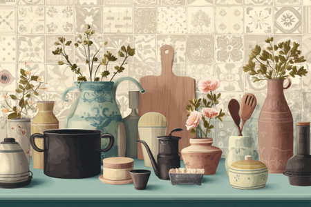 A vintage kitchen featuring various utensils, pots, and flowers arranged beautifully on a table, evoking a warm and inviting ambiance for cooking.の素材