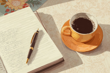 A writing journal lies open with notes beside a cup of dark coffee on a warm drink coaster, offering a peaceful setting for creative expression and reflection.の素材