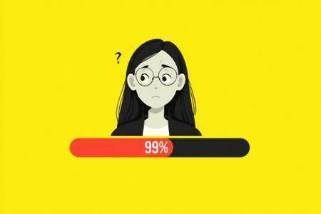 A loading bar stuck at 99 percent features a character displaying anxiety, conveying frustration with technology in a minimalistic design.の素材