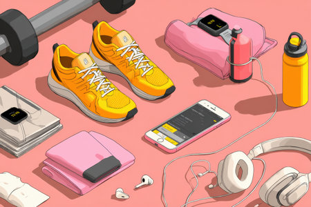 Mobile fitness tracker app is displayed alongside gym gear, featuring sneakers, a water bottle, headphones, and workout accessories arranged attractively.の素材