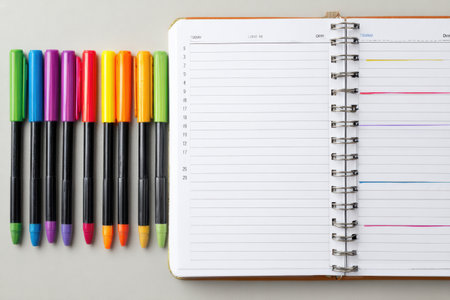 Notebook lies open with clean margins, accompanied by colorful markers arranged neatly, inviting organization and creativity for planning and note-taking.の素材