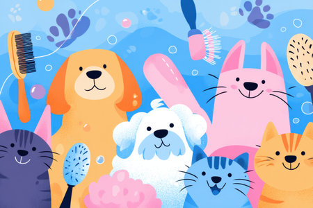 Pets gather together, showing joy during grooming day with vibrant brushes and playful expressions in a clean and cheerful layout.の素材