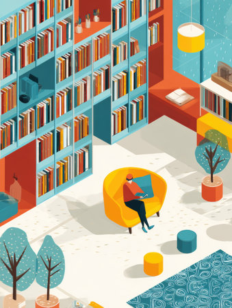 A person is focused on studying in a vibrant library reading area surrounded by tall bookshelves filled with books and decorated with plants.の素材