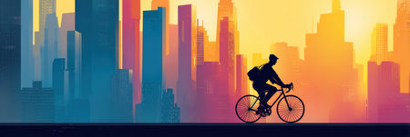 A cyclist rides past tall buildings illuminated by the warm hues of sunrise, creating a serene atmosphere during the morning commute.の素材