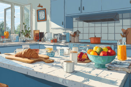 Morning light fills a cheerful breakfast bar with fruits, pastries, and drinks, creating a refreshing start to the day in a stylish kitchen.の素材