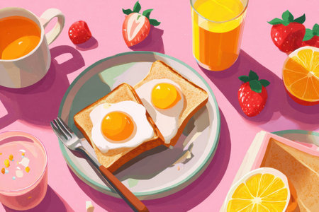 Delicious breakfast includes toasted bread with fried eggs alongside a refreshing smoothie and fresh fruit, creating a vibrant morning atmosphere.の素材