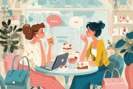 Two friends are sitting at a table in a coffee shop, sharing desserts and engaging in warm conversation while using a laptop.の素材