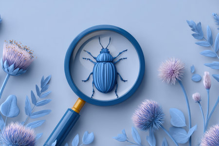 A bug icon is highlighted under a magnifying glass, with a soft blue background showing various floral elements in a minimalistic style.の素材