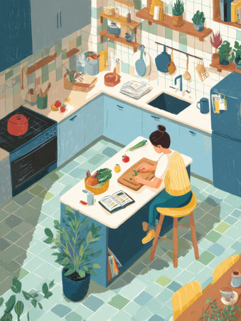 A person is chopping colorful vegetables in a modern kitchen while following a digital recipe, surrounded by plants and organized utensilsの素材