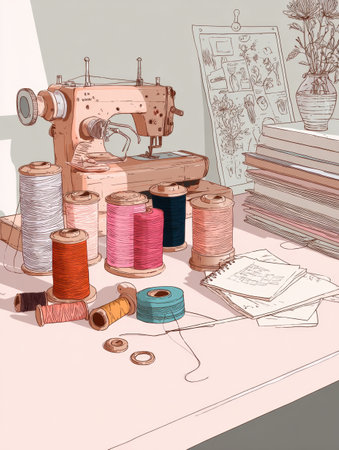 A well-organized sewing area features colorful threads, design sketches, and a vintage sewing machine, capturing the essence of creativity and craftsmanship.の素材