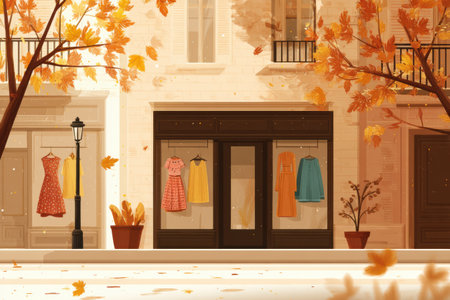Warm autumn street highlights a cozy fashion display adorned with colorful dresses as leaves gently fall, creating a serene atmosphere.の素材