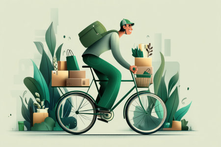 Bicycle courier transports eco-friendly packaging through a clean urban environment, highlighting sustainability and green delivery practices.の素材