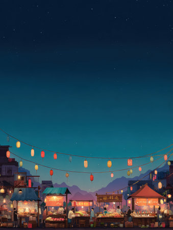 Colorful stalls line the vibrant night market filled with diverse food offerings, surrounded by glowing lanterns and a tranquil evening atmosphere.の素材