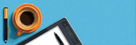 Sketching on a digital tablet with stylus while enjoying a cup of coffee on a vibrant blue surface promotes a creative and productive atmosphereの素材