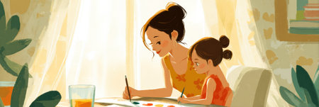 A mother and daughter enjoy a joyful moment painting together in a sunny room, surrounded by light and warmth, strengthening their bond through creativity.の素材