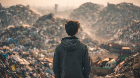 A man quietly watches a large rubbish heap at sunset, reflecting on the challenges of environmental conservation and waste management.の素材