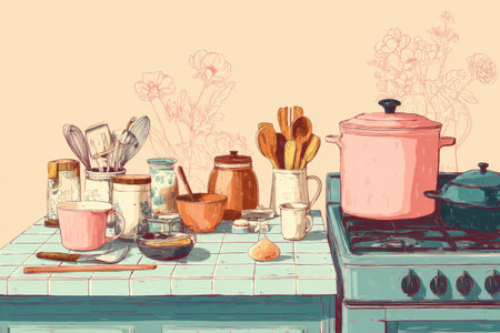 Charming vintage kitchen filled with colorful utensils, pots, and fresh flowers creates a warm, inviting ambiance for culinary activities and creativity.の素材