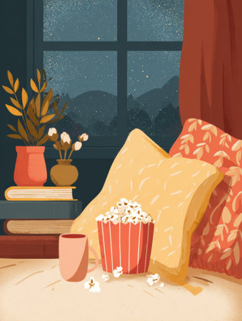 Warm and inviting atmosphere depicting a cozy movie night with popcorn, a soft blanket, and a drink, creating a perfect relaxing vibe by the window.の素材