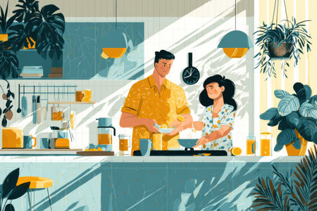 In a sunny kitchen adorned with plants, a couple joyfully prepares breakfast, sharing smiles and teamwork in their morning routine.の素材