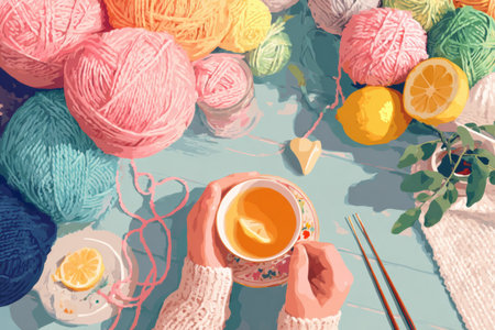 Engaging in a delightful knitting session with vibrant yarns and a warm cup of tea, creating a relaxing atmosphere during a sunny afternoon.の素材
