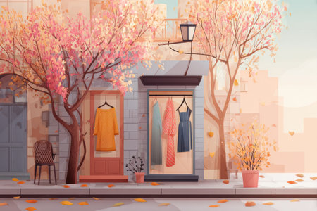 Fashion items hang in storefronts along a cozy street adorned with autumn leaves, creating a warm, inviting atmosphere in the city during fall.の素材