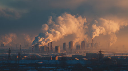 A modern city skyline is obscured by thick smoke and pollution rising from industrial pipes, showing the challenges of environmental decline in urban areas.の素材