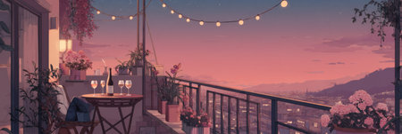 Enjoying a tranquil sunset on a balcony adorned with fairy lights and drinks, creating a perfect setting for relaxation or evening conversations.の素材