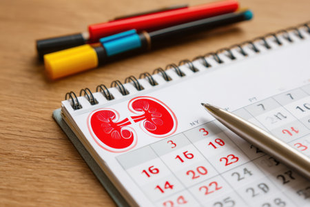 Kidney awareness month is marked on the calendar with a kidney symbol circled. The right margin remains open for additional notes and reminders.の素材