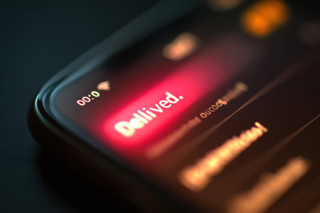 Close-up view of a smartphone showing a bright notification with the word delivered illuminated, indicating successful message delivery during night hours.の素材