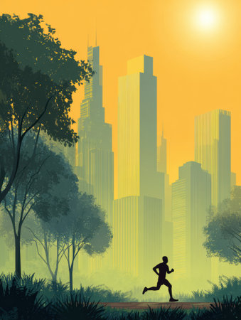 A jogger in a city park runs along a path surrounded by trees with a skyline glowing in the orange light of early morning.の素材