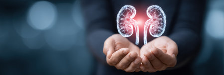 Gentle hands cradle a glowing kidney organ icon, representing care for health and organ donation awareness, set against a soft blurred background.の素材