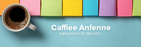 Calendar page indicates Caffeine Awareness Month, featuring a coffee cup beside bright sticky notes on a clean surface, highlighting the importance of coffee.の素材