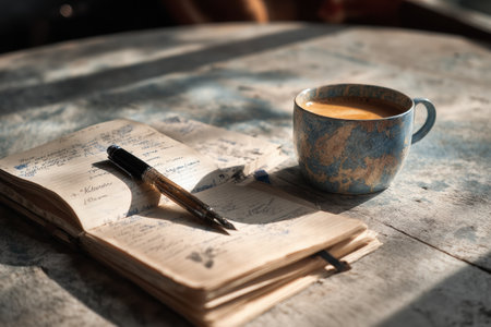 A journal lies open with handwritten notes while a pen rests beside it. A warm drink in a colorful mug adds to the cozy atmosphere in the afternoon light.の素材