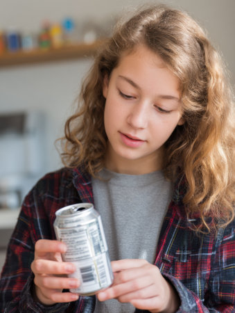 Young person examines caffeine information on soda container while standing in a cozy kitchen space filled with natural light.の素材