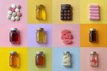 Pills and liquid syrups are visually compared to colorful candies, arranged neatly on pastel backgrounds, highlighting their similar appearances.の素材