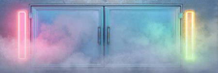 Frost-covered freezer door emits colorful neon lights and is surrounded by swirling fog, creating an atmosphere of intrigue in a contemporary setting.の素材